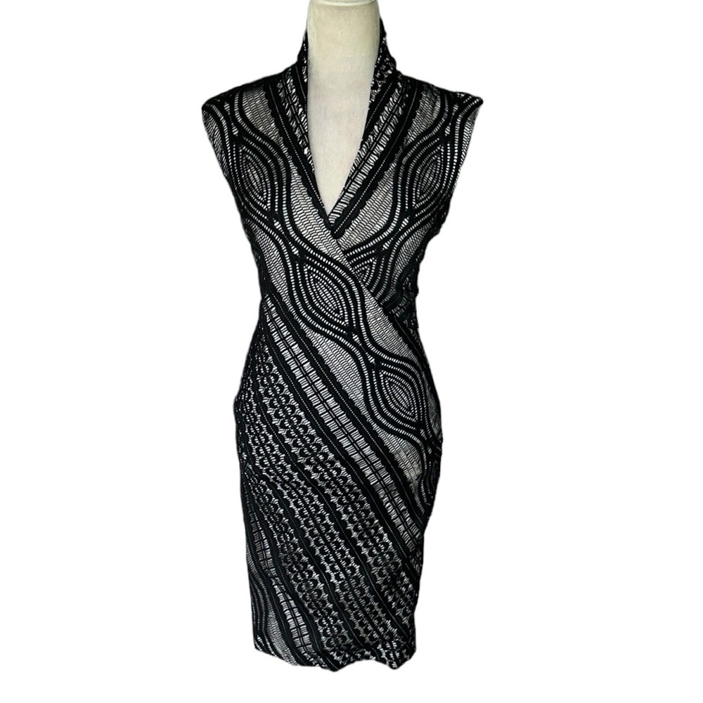 Tracy Reese Plenty Black Eyelet Lace High Collar Faux Wrap Bodycon Dress - M